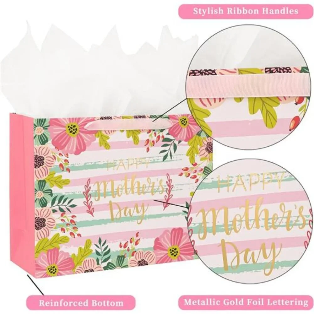 Pink Large Mother's Day Gift Bag with Card and Tissue Paper for Mom Grandma Bags